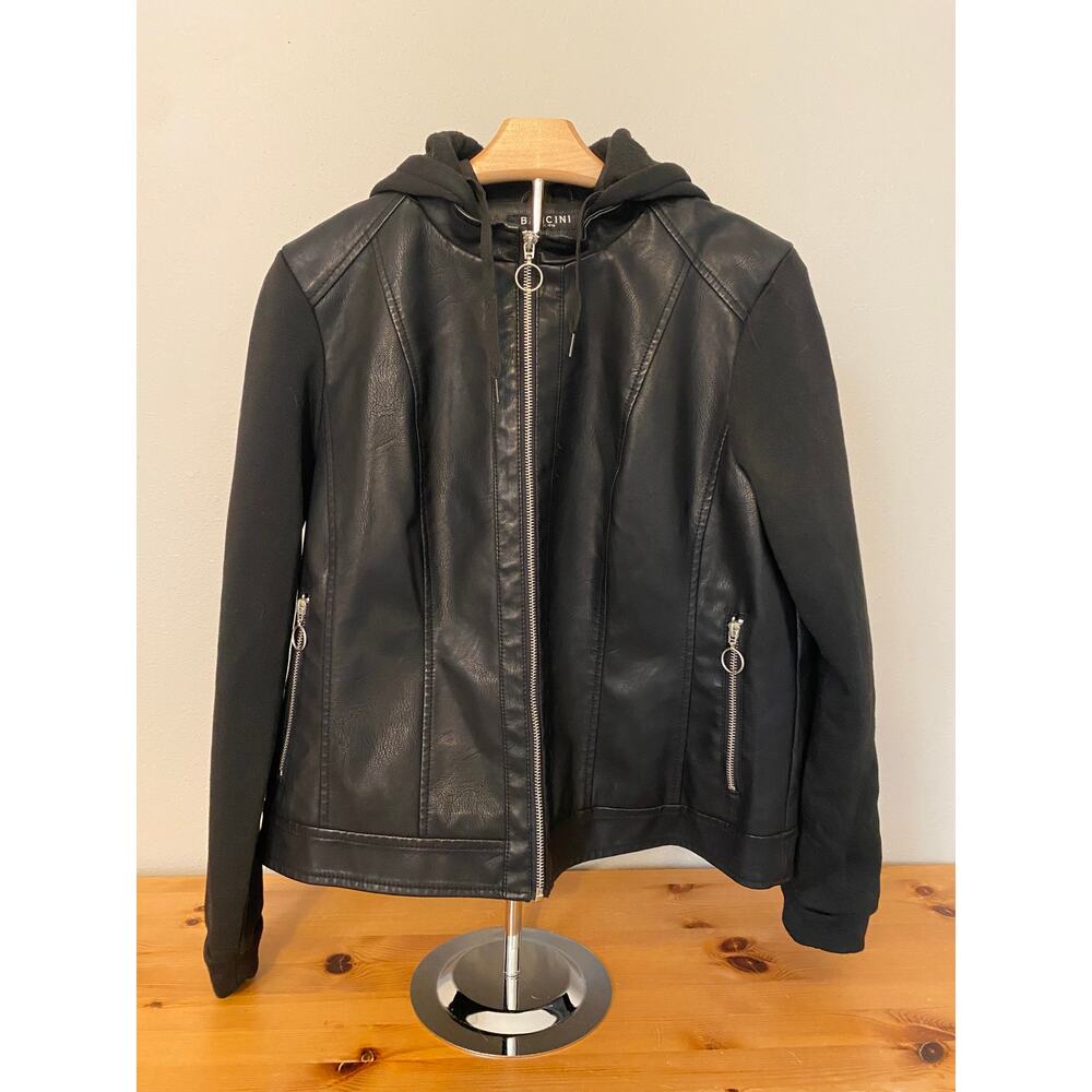 Baccini Jacket Faux Leather Hoodie with soft knit sleeves and hood Size Large
